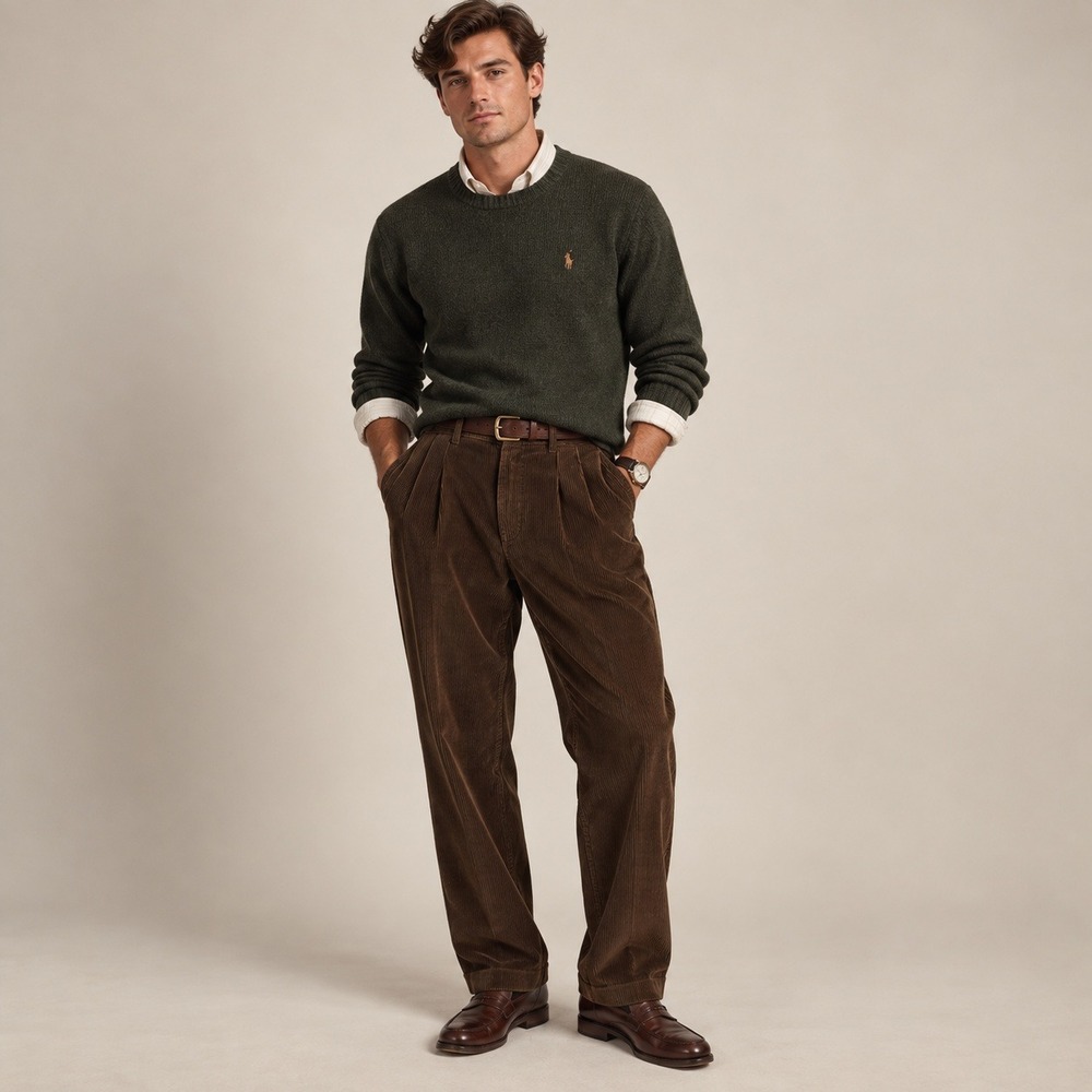 Polo Ralph Lauren Corduroy Pants Mens 32x32 Brown Vintage Pleated USA preppy
